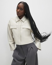 River Island Womens Overshirt Cream Faux Leather Cropped Long Sleeves Popper Top