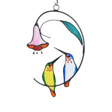 Hummingbird with Flower Stained Glass Suncatcher Bird Stained Glass Window Ha...
