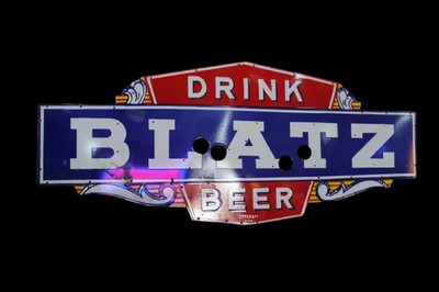 PORCELAIN BLATZ BEER  ENAMEL NEON SKIN  SIGN 42X21 INCHES