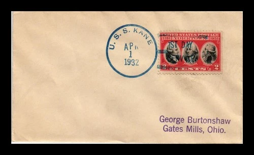 DR JIM STAMPS US COVER USS KANE FIRST DAY SERVICE NAVAL CANCEL 1932