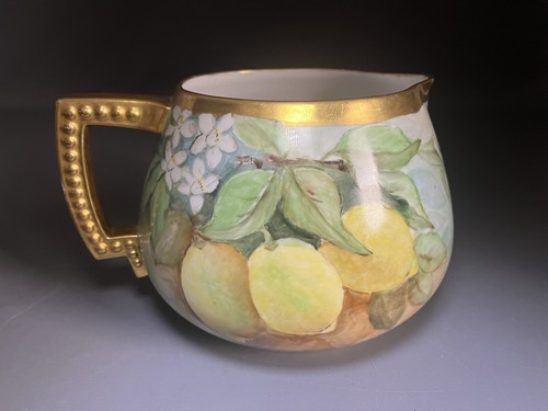PL Limoges Frankreich handbemalter Apfelweinkrug - Zitronengelb Grün Gold signiert - Bild 3 von 8