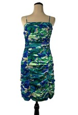 Calvin Klein Blue Green Cotton Abstract Ruched Spaghetti Strap Dress Size S