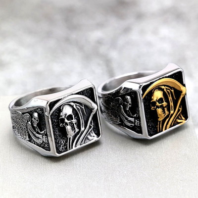 Vintage Sickle Death God Wings Skull Ring Stainless Steel Men's Biker Cool Ring