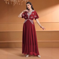 Women Muslim Evening Rhinestone V-Neck Abaya Long Maxi Dress Kaftan Elegant