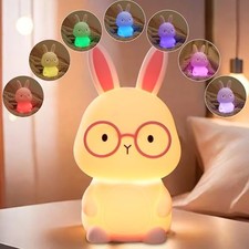 Bunny Night Light for Kids, Soft Silicone Nursery Lamp, 7-Color Pink Bunny
