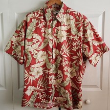 Vintage Pierre Cardin Mens Dark Salmon Tropical Button Up Shirt Size LG Floral