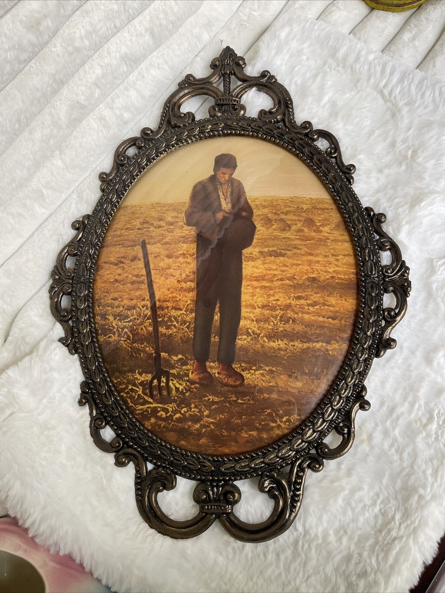 Pair Vintage Ornate Metal Brass Picture Frame Convex Bubble Glass