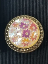 West Germany Scarf Clip Iridescent Gold Tone Pink Flowers Round Excellent 1960s