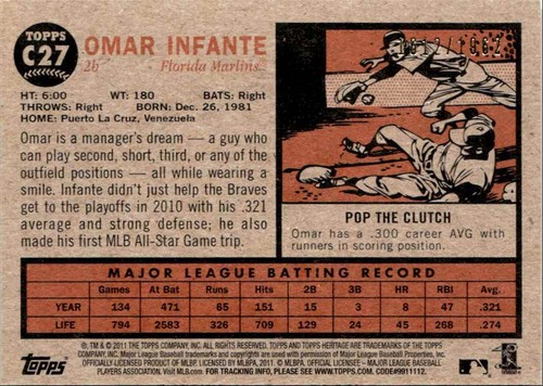 2011 Topps Heritage Chrome Omar Infante /1962 Florida Marlins #C27 - 第 2/2 張圖片