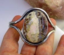 Estate Vintage Sleek Elegant Sterling Silver Agate Wide 36.6 Gram Cuff Bracelet