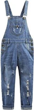 KIDSCOOL SPACE Girls Big Bib Pocket Pearl Pendants Ripped Fashion Denim Overalls