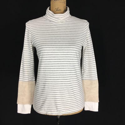 Studio Clip Turtleneck SMALL White Gray Stripe Long Sl Texture Cuff Comfy Top