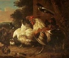 Oil birds Cock-Two-Hens-with-Chicks-in-Landscape-Setting-Melchior-dHondecoeter