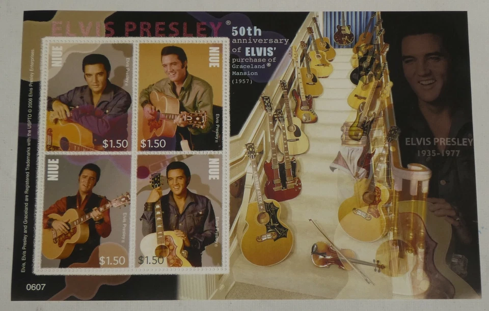 Hoja de 4 estampillas de recuerdo Niue de Elvis Presley de $1,50 2007 1086-89 Graceland 50 Foto 2 de 4