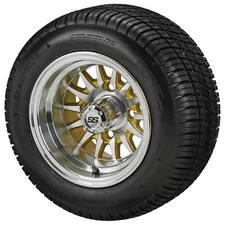(4) Golf Cart 205/50-10 Deli Low Pro Tires on 10x7 Machined/Gold 14-Spoke Wheels
