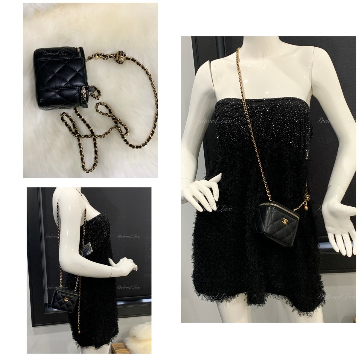 Authentic CHANEL Black Lambskin Pearl Crush Mini Vanity Case Bag