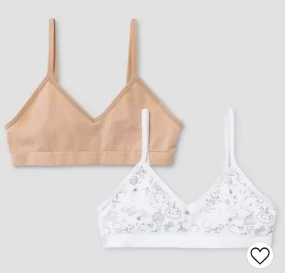 NWT Cat & Jack 2 pack Bras Girls Large 10/12 white nude CATICORN design