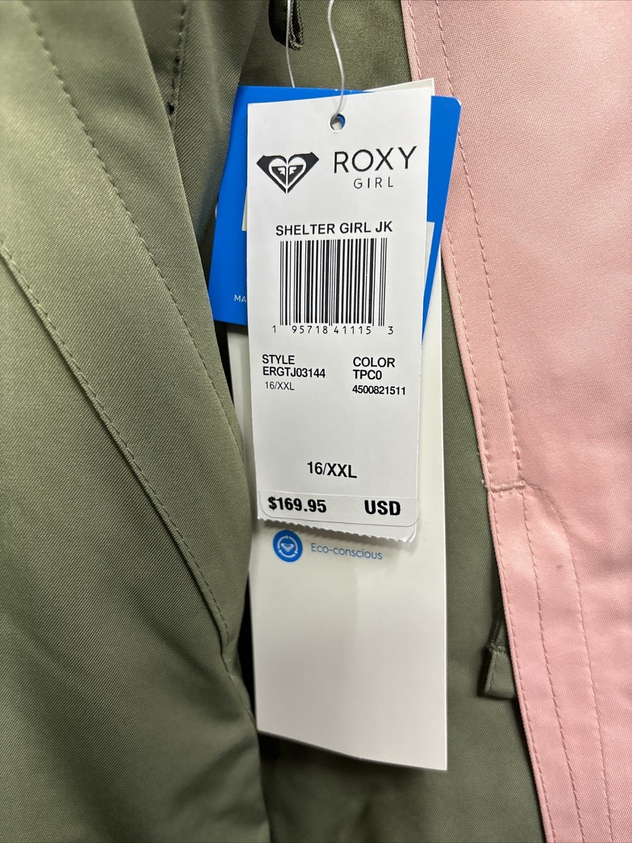 Roxy Girl's Shelter Jacket Size 16/XXL Pink Green Winter Jacket