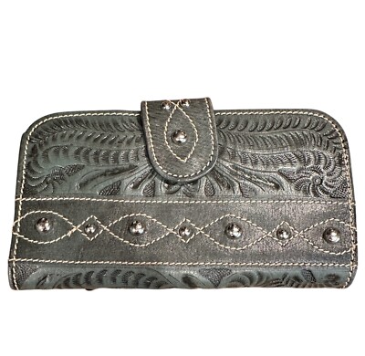 American West Hand Tooled Tri-Fold Leather Wallet Snap CloseAntiqued Green  Studs