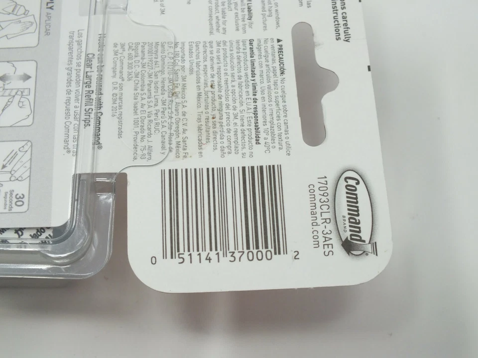 (3 PIECE)x3 Command Large Clear Hook with Clear Strips 17093CLR-VP - NEW Foto 3 de 4