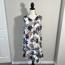 LUNGO L ARNO Italy US L White Blue Leaf Print 100 Linen Shift Dress Sleeveless