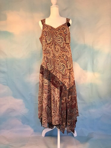 vintage pink and brown multi print sleeveless midi dress with lace detail✨