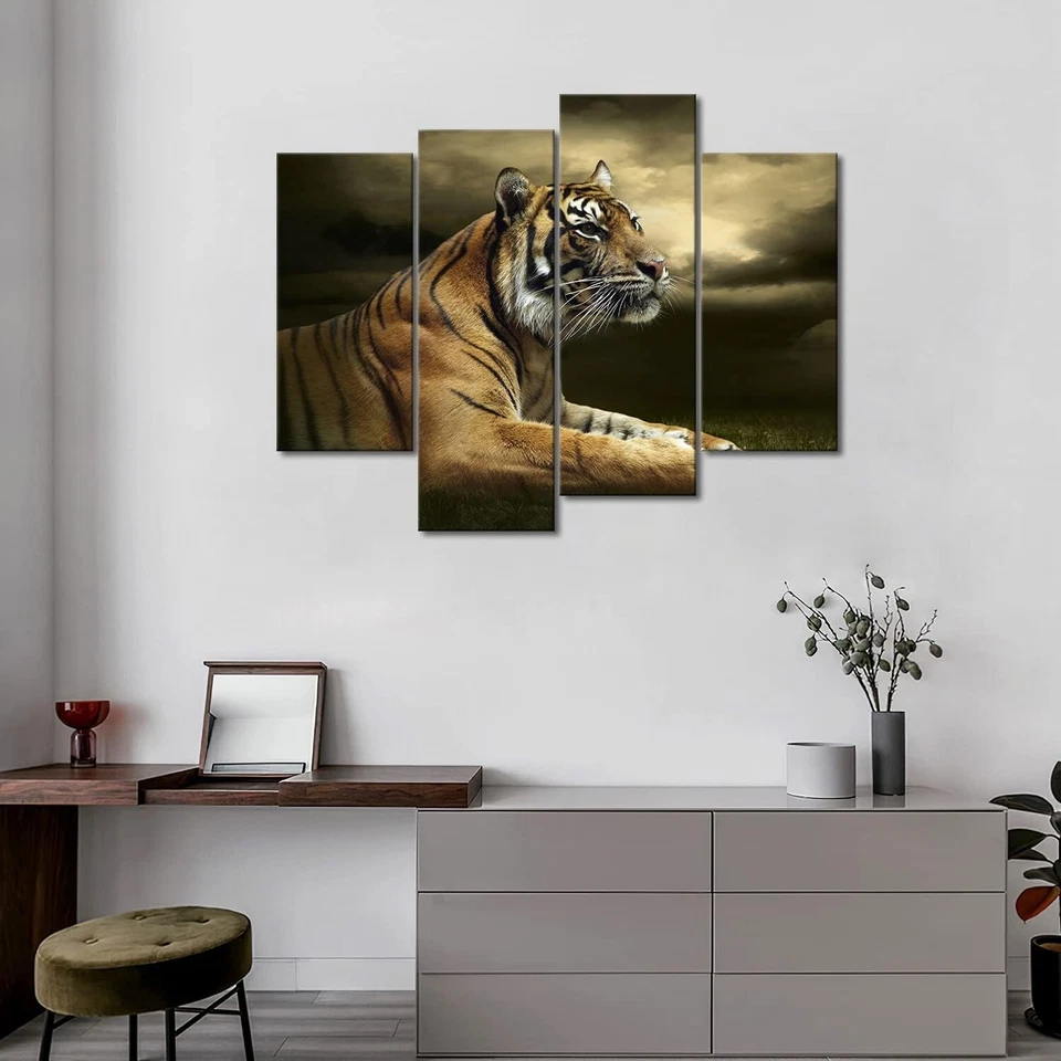 4 Panel Wall Art Tiger Looking and Sitting Under Dramatic Sky with Clouds Pai... - Image 3 of 4