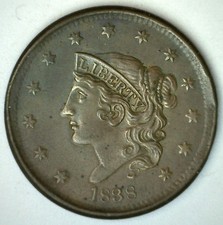 1838 Large Cent US Copper Coin XF Coronet Matron Head Circulated EXTRA FINE