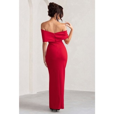 Bardot Maxi Red Dress With Split Bardot Estrella Exclusive Halter Maxi Dress  With Lace Detail In