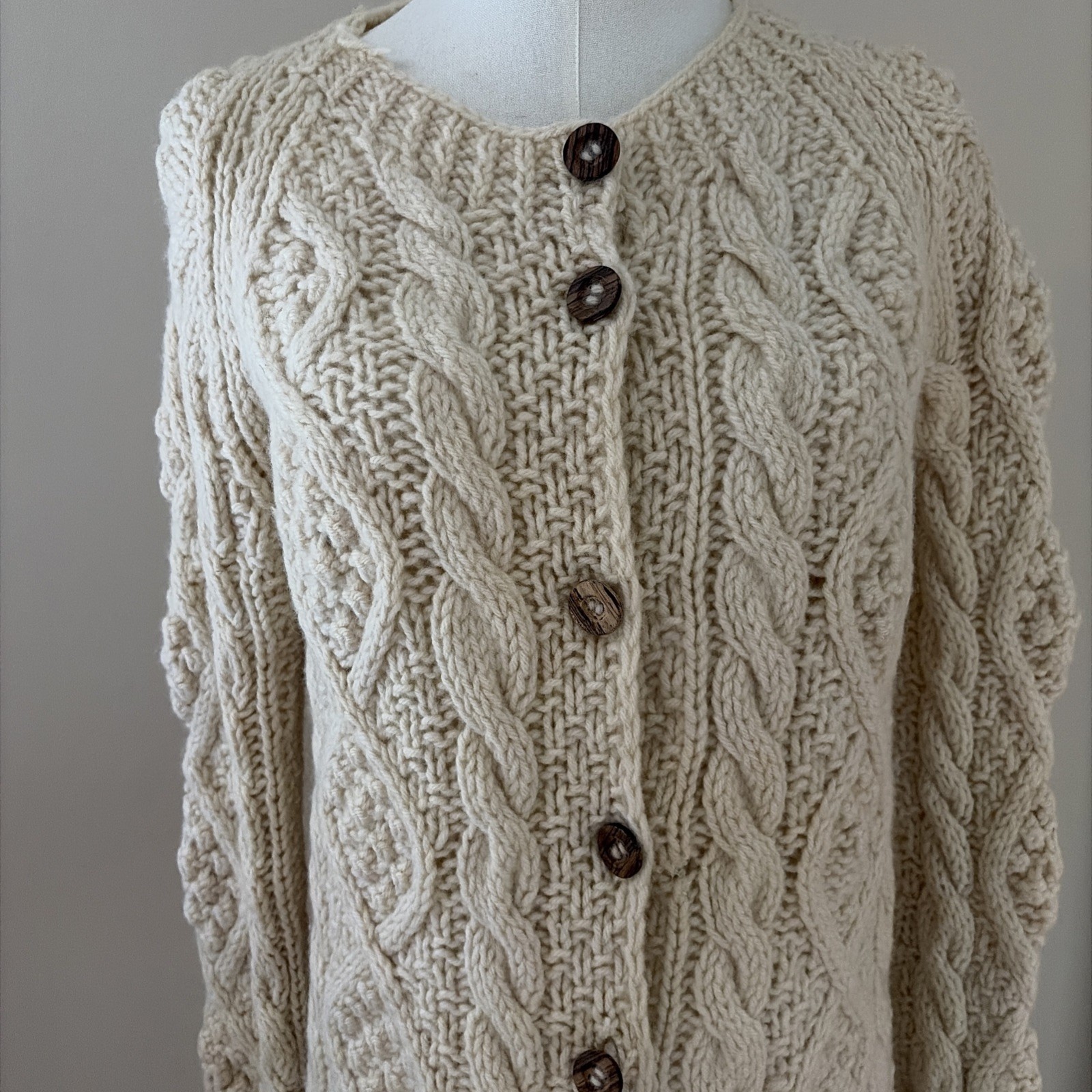 Hand Knit Cable Wool Cardigan Wooden Buttons Women's Size M Ivory ...
