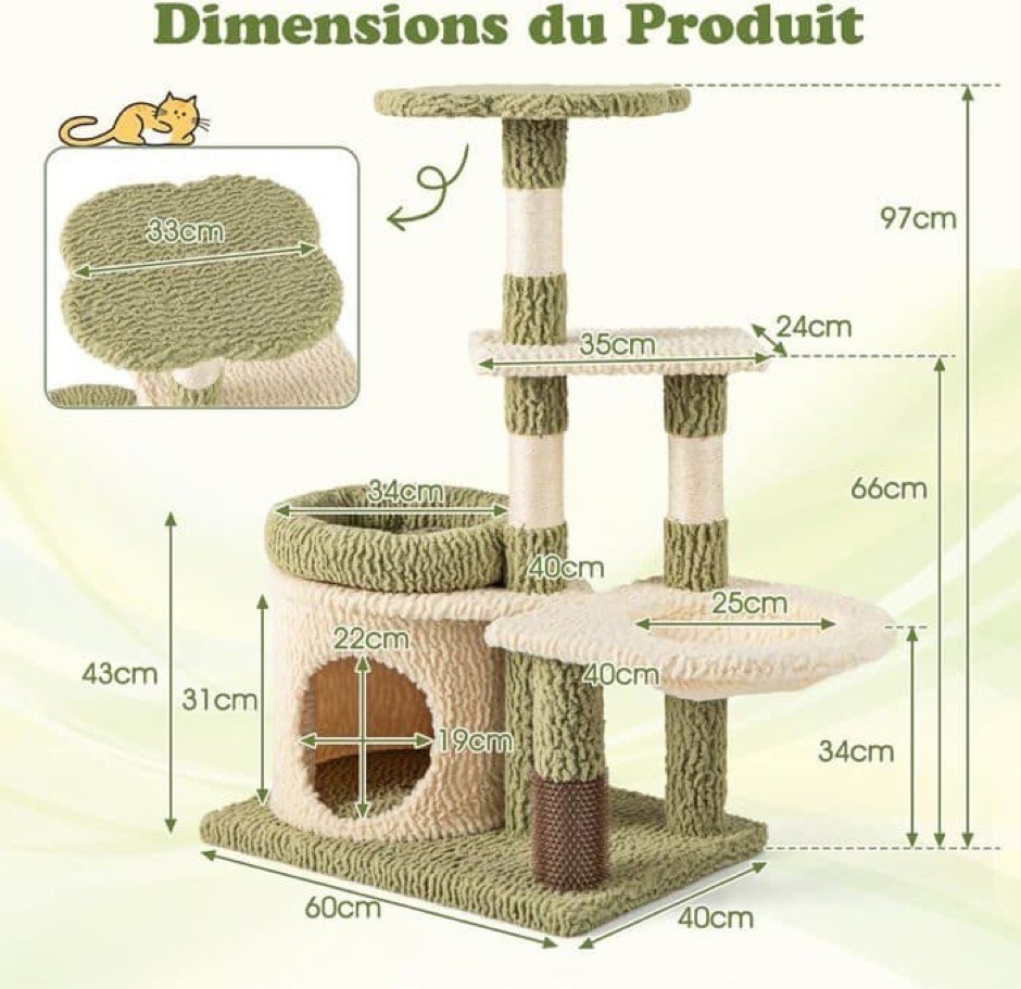 Costway Tiragraffi Gatto Alto 100 Albero 3 Pali Sisal 4 Piattaforme Grotta Verde