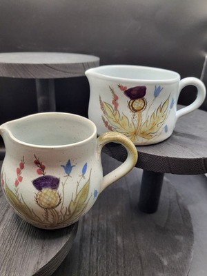 Buchan Portobello, Scotland ThistleWare Hand Painted Art Pottery Creamers Pair