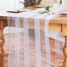 3Pcs White Pearl Table Runner 120 Inch Long Boho Rustic Tulle Lace Table Runner