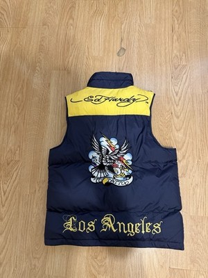 Ed Hardy Down Vest Puffer Women s Sz S Navy Embroidered Graphic Rap Hip Hop Y2K