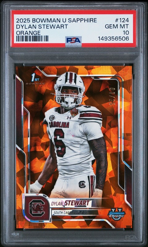 2025 BOWMAN UNIVERSITY CHROME SAPPHIRE ORANGE #124 DYLAN STEWART 1/25 PSA 10