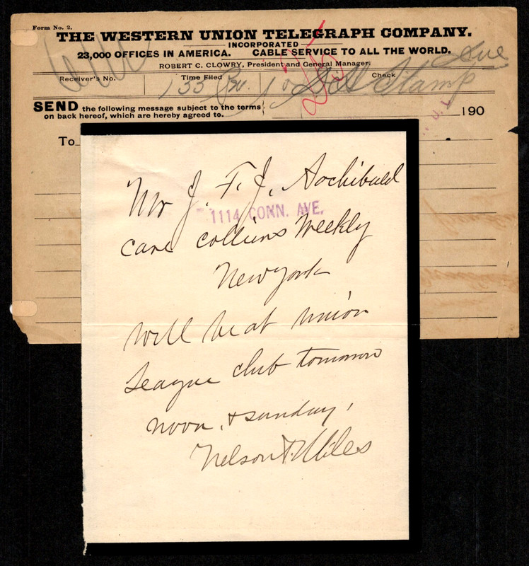 NELSON APPLETON MILES- SIGNATURE ON PAPER SENT BY TELEGRAPH TO J.F.J. ARCHIBALD.