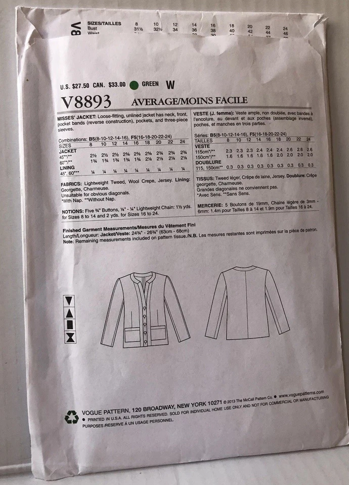 Vogue 8893 Pattern Collarless Jacket /Patch Pockets Claire Shaeffer Sz 8-16 U/C - Image 3 of 3