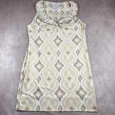 Gretchen Scott Womens Tan Cream Ikat Print Ruffle Neck Shift Dress Sleeveless