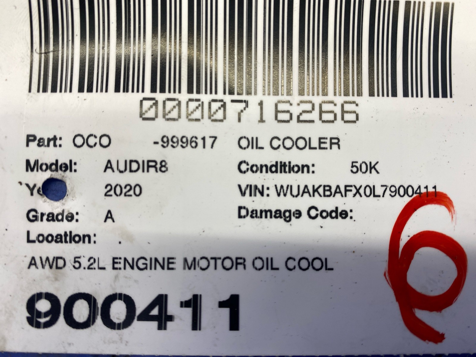 2017-2023 AUDI R8 AWD 5.2L ENGINE MOTOR OIL COOLER 4S0117013A OEM