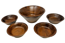 Mid Century Modern 10.5" Walnut Salad Bowl  four 6.5" Bowls