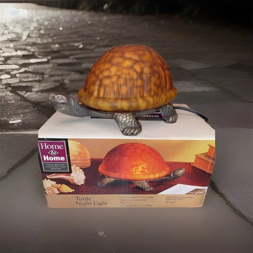 Turtle Accent Night Light Lamp Amber Glass Shell Bronze Metal Base Vtg. New