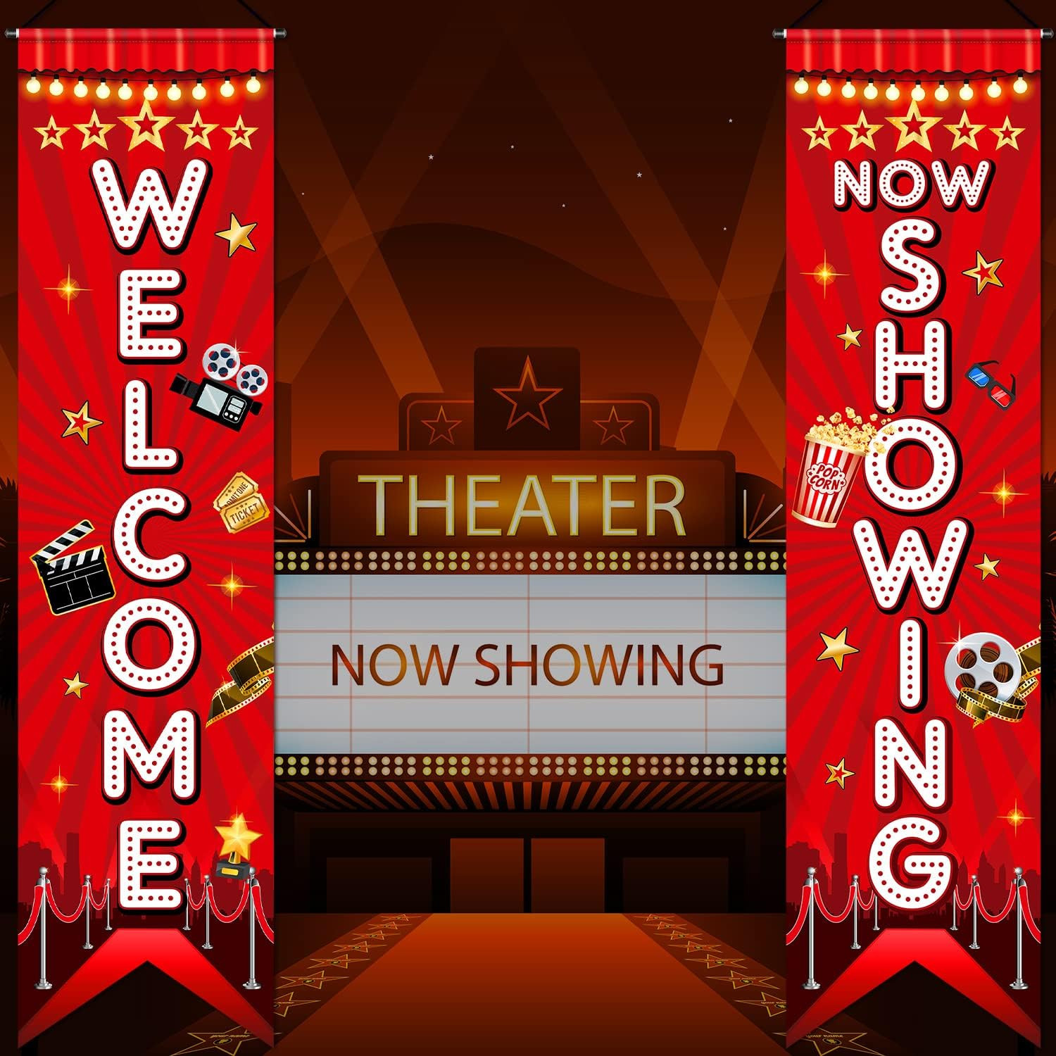 Movie Night Porch Sign Banner Movie Theme Party Decorations 
