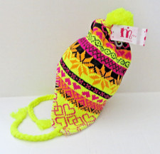 Kids Neon Knit Pom Pom Trapper Hat Lined Yellow Braided Tassel Chin Ties