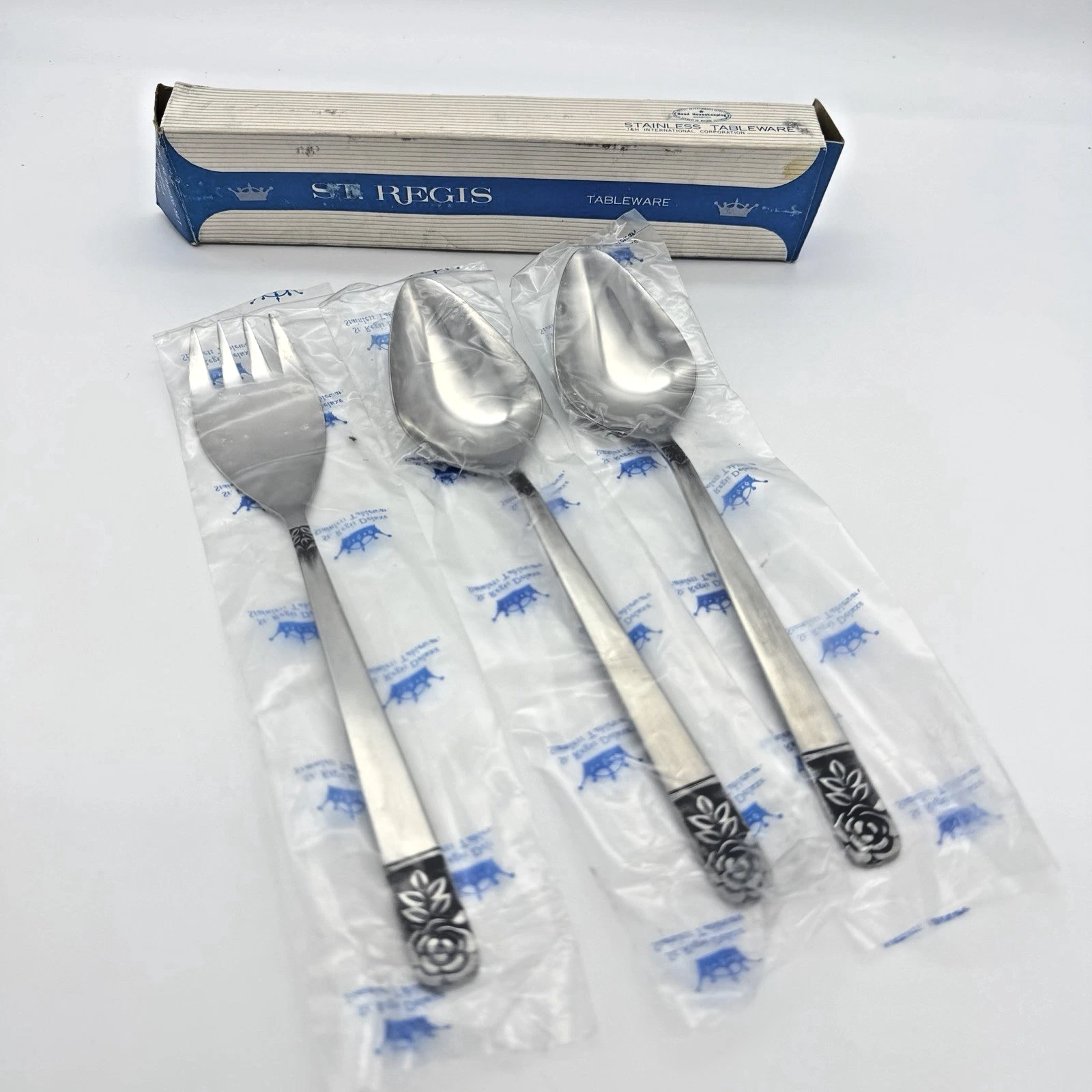 Vtg St. Regis 3 PC Serving Set 2 Spoons 1 Meat Fork Japan MCM Garden Rose
