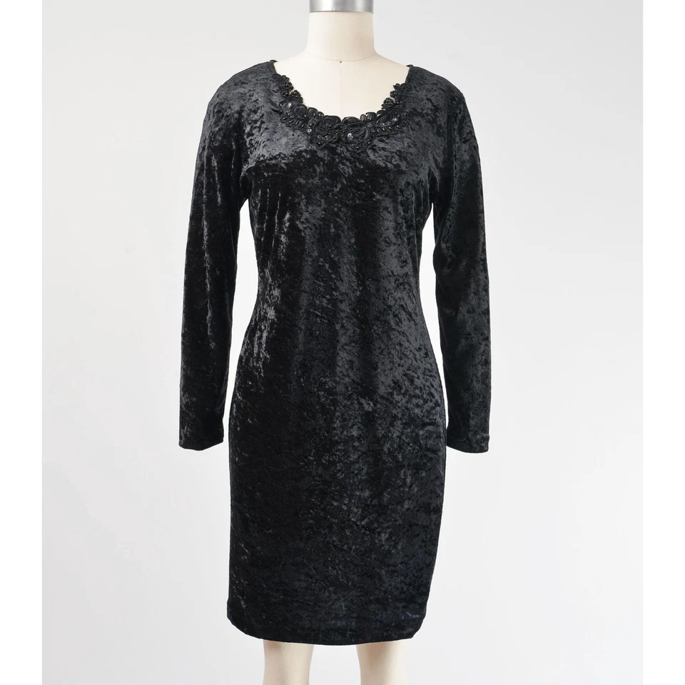 Mini Vestido Vintage Años 90 Negro Terciopelo Aplastado Elástico Body Con Cuentas Encaje S M Foto 3 de 4