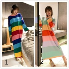 Donna Camicia da Notte Arcobaleno Biancheria Abito di Cotone a Manica Lunga
