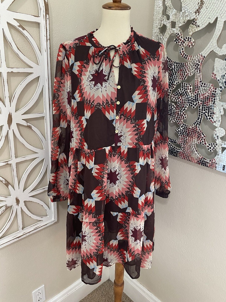 NWT $89.50 LOFT large QUILT PRINT SHEER LONG SLEEVE LINED SHIFT DRESS