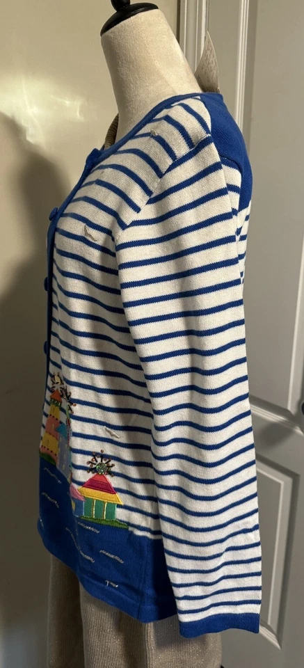 QUACKER FACTORY Sweater Lighthouse Seagull Sailboat Waterfront Cardigan M NEW - Image 3 of 4