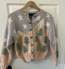 Vtg LIZ SPORT cardigan acrylic wool blend Sweater Pastel Trees Cottage Small