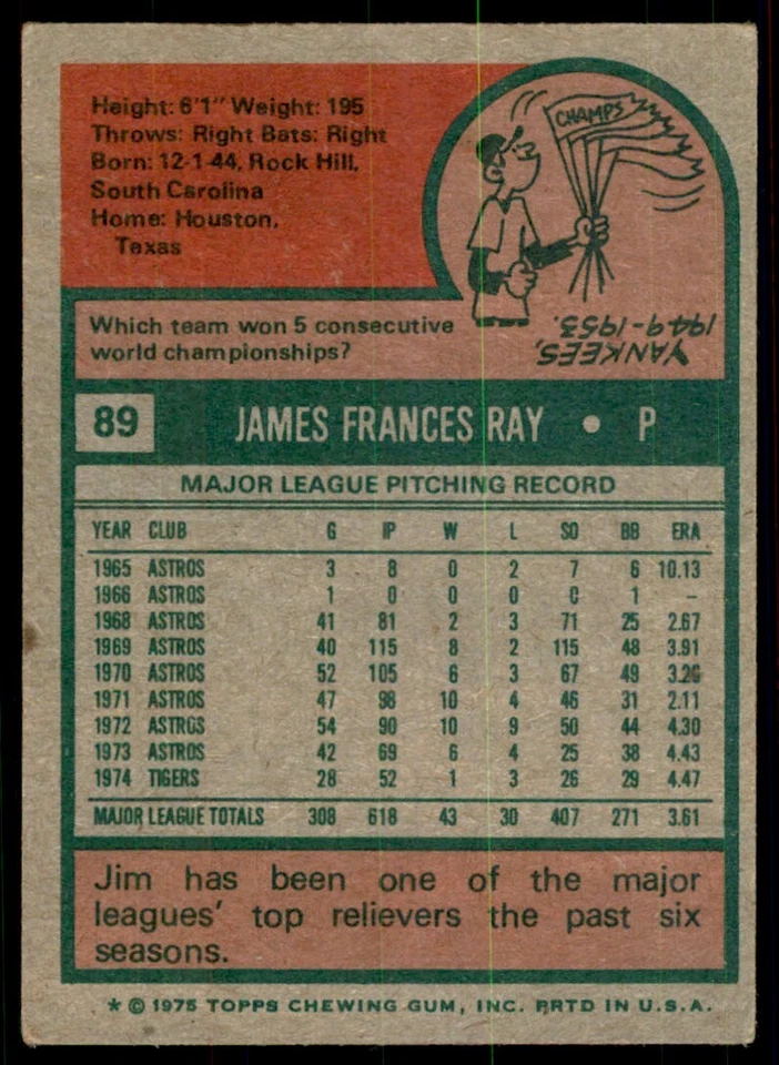 1975 Topps Jim Ray Baseball Cards #89 - Image 2 of 2